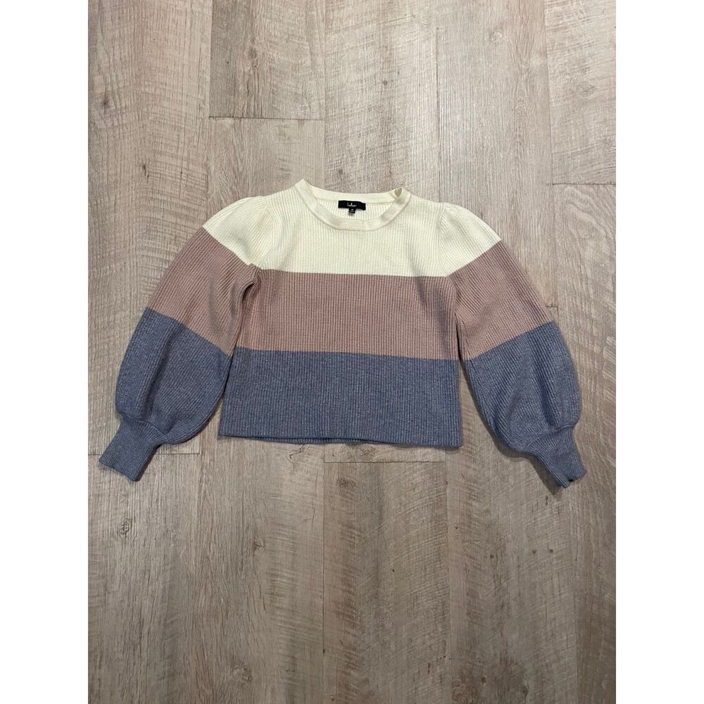 Lulus Open Book Cream Color Block Balloon Sleeve Sweater, size M